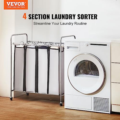 VEVOR Laundry Sorter Cart 4 Section, Laundry Hamper Heavy Duty with Lockable Wheels and 4 Removable Bags, Rolling Laundry Basket Sorter for Clothes Storage