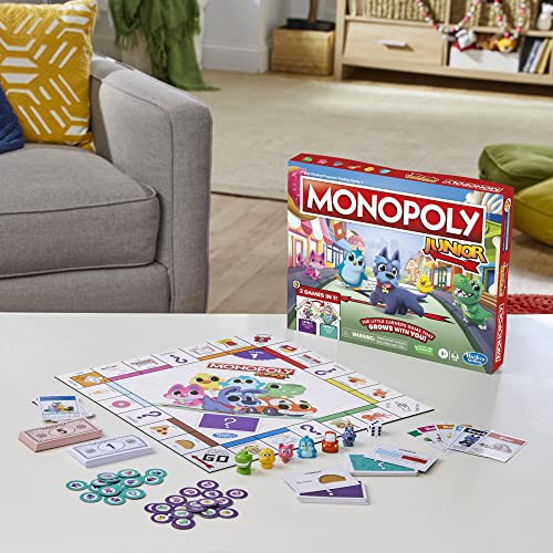 Hasbro Gaming Monopoly Junior Board Game, 2-Sided Gameboard, 2 Games in 1, Monopoly Game for Younger Kids Ages 4 and Up, Kids Games for 2 to 6 Players