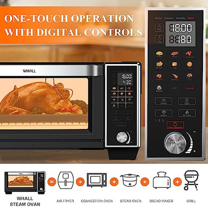WHALL Toaster Oven Air Fryer, Max XL Large 30-Quart Smart Oven,11 function Toaster Oven Countertop with Steam Function,12-inch Pizza,6 slices of Toast, 4 Accessories Included, Stainless Steel /1700W