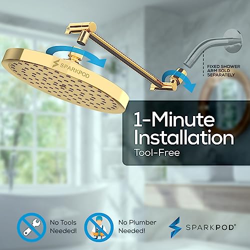 SparkPod Round Rain Shower Head with Shower Head Extension Arm - High Pressure Rain - Luxury Modern Look - No Hassle Tool-less 1-Min Installation (11" Shower Arm Extension, Egyptian Gold)