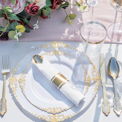 Nervure 350PCS Gold Plastic Plates - Gold Plastic Dinnerware Sets for 50 Guests - 100 Gold Disposable Plates, 150 Gold Plastic Silverware, 50 Cups, 50 Napkins for Wedding & Party