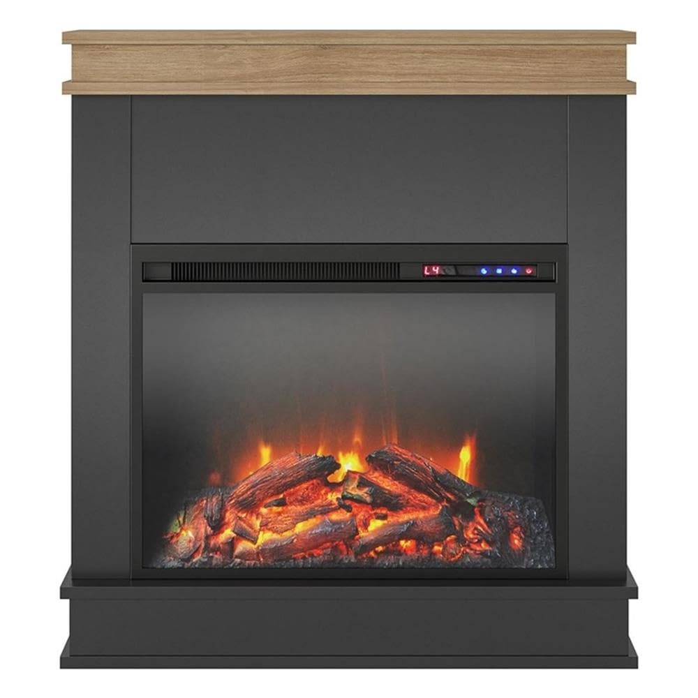 Ameriwood Home Mateo 30 Inch Electric Fireplace with Mantel, Replaceable Fireplace Insert Heater, Freestanding, Remote Control, Timer, Realistic Log and Flame Effect, Black