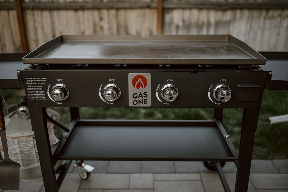 Gas One Propane Burner Grill–36-Inch Flat Top Grill Griddle Cooking Station–Foldable 4 Burner Propane Grill with Pre-Seasoned Griddle–Professional Burners for Outdoor Cooking with Side Shelves, Black