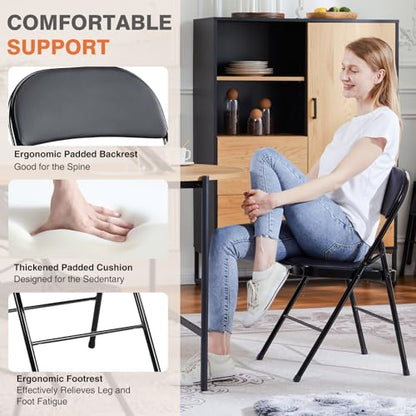 Sweetcrispy Folding Chair 4 Pack, Leather Padded Folding Chairs, Sturdy Metal Foldable Chairs, Easy to Use and Store, Outdoor and Indoor, for Home, Office, Party, Comfy, Black