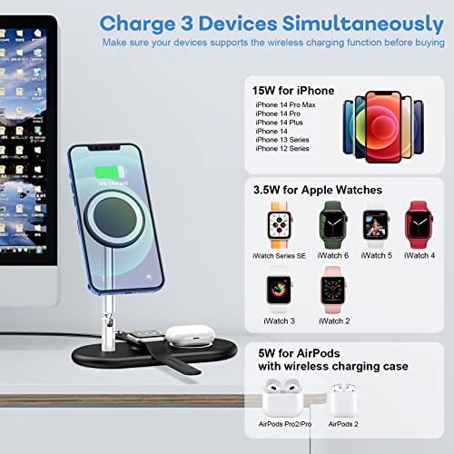 GEJIUCAI 3 in 1 Magnetic Wireless Charger, Adjustable Charging Station for Apple iPhone/iWatch/Airpods, Compatible with iPhone iPhone 14 13 12 Pro Max Mini, Airpods 3/2/Pro, iWatch 7/6/SE/5/4/3/2