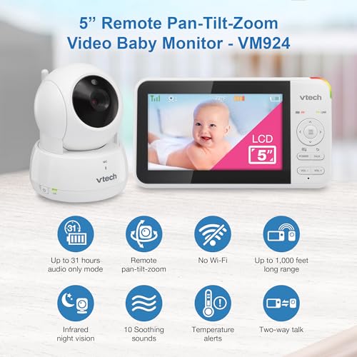 VTech VM924 Remote Pan-Tilt-Zoom Video Baby Monitor, 5" LCD Screen, Up to 17 Hrs Video Streaming, Night Vision, Up to 1000ft Range, Soothing Sounds, 2-Way Talk, Temperature Sensor,Secured Transmission