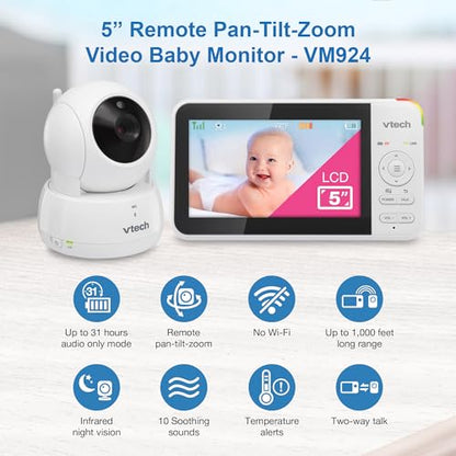VTech VM924 Remote Pan-Tilt-Zoom Video Baby Monitor, 5" LCD Screen, Up to 17 Hrs Video Streaming, Night Vision, Up to 1000ft Range, Soothing Sounds, 2-Way Talk, Temperature Sensor,Secured Transmission