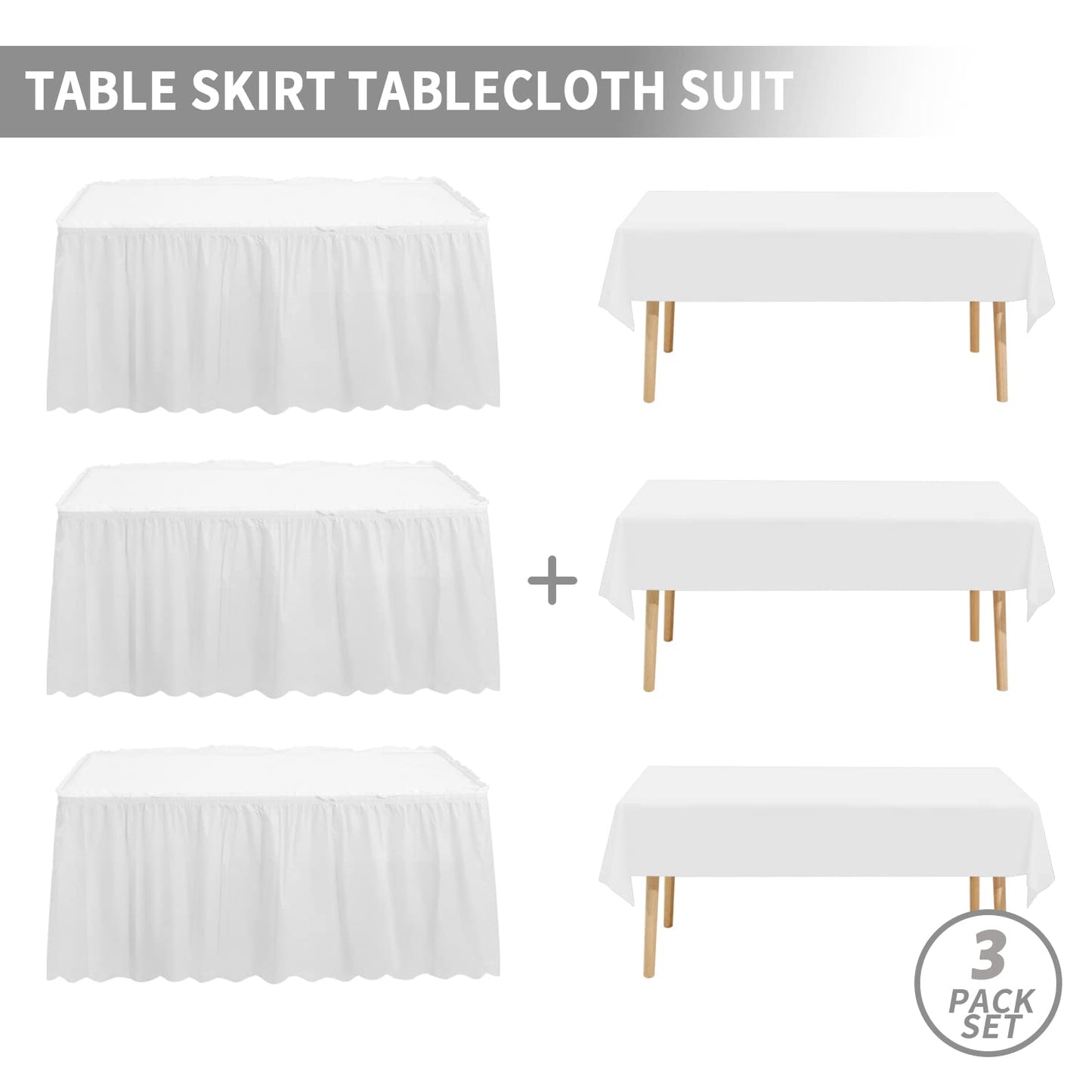 JHDZDHY 3 Packs 54x108inch Plastic Tablecloth and 3 Packs 14FT Plastic Table Skirt,Disposable Rectangle Tablecloth Set Disposable Table Covers for Wedding, Party, Baby Shower (White)