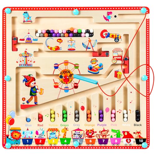 CozyJoyz Magnetic Color and Number Maze, Wooden Magnet Color Sorting Counting Maze for Toddlers 3-5, Montessori Toys Motor Skill Toys for Toddlers Boys Girls
