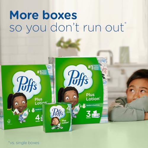 Puffs Plus Lotion Facial Tissues, 8 Family Boxes, 124 Facial Tissues per Box, Allergies and Colds