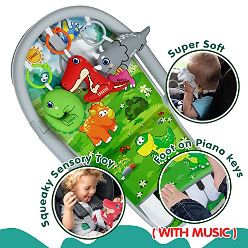 UNIH Car Seat Toys for Baby Infant 6 Months and Up, Pedal Piano Adjustable Carseat Toys with Music, Baby Mirror and Hanging Squeaky Sensory Soft Baby Toys 6 to 12 Months