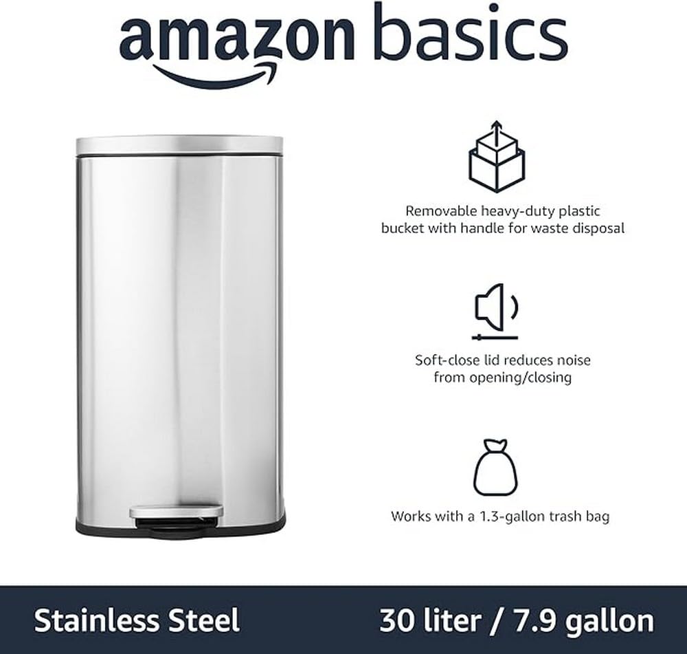 Amazon Basics Smudge Resistant Rectangular Trash Can With Soft-Close Foot Pedal, Brushed Stainless Steel, 30 litre/7.9 Gallon, Satin Nickel Finish, 13.8"L x 11.8"W x 25"H