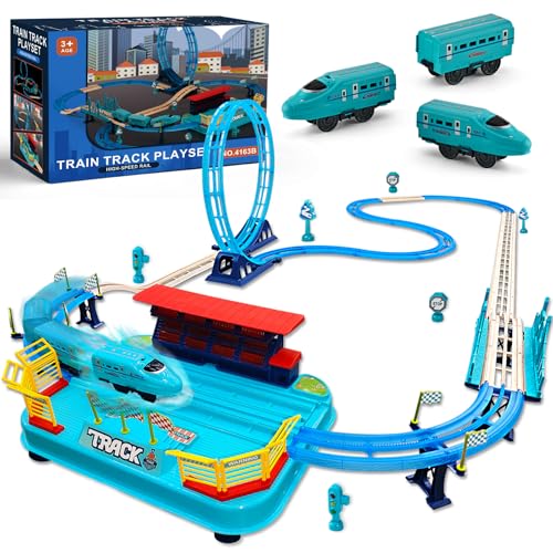 Toy Train Race Track Set 85pcs - Battery-Powered Electric Toddlers Travel Train Railroad Toy, Glow in The Dark High Speed Railway Racer Car Track Playset, DIY Birthday Gifts for Kids Boys Girls