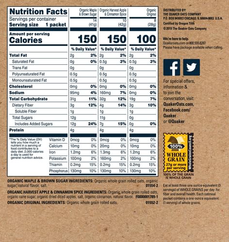 Quaker Instant Organic Oatmeal Variety Pack, 32 Count