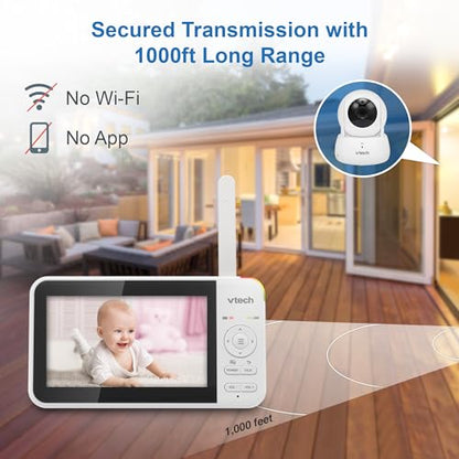 VTech VM924 Remote Pan-Tilt-Zoom Video Baby Monitor, 5" LCD Screen, Up to 17 Hrs Video Streaming, Night Vision, Up to 1000ft Range, Soothing Sounds, 2-Way Talk, Temperature Sensor,Secured Transmission