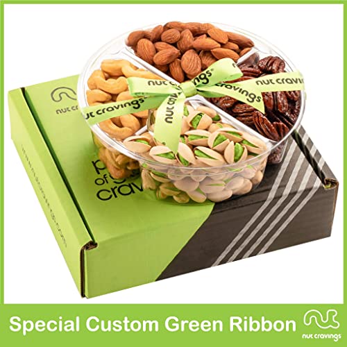 Nut Cravings Gourmet Collection - Mixed Nuts Gift Basket + Green Ribbon (4 Assortments) Arrangement Platter, Birthday Care Package - Healthy Kosher USA Made