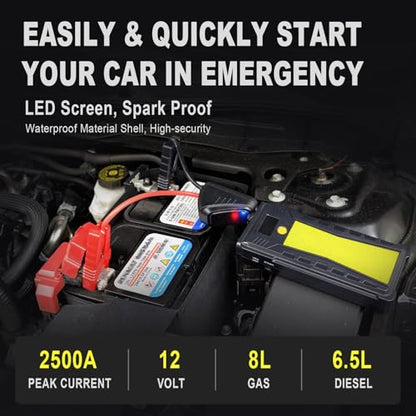 Jump Starter - 3 in 1 Car Battery Jump Starter - 2500A 12V 21000mAh Portable Charger, Jump Box, Battery Booster Pack with LCD Display (for 8L Gas/6.5L Diesel), Camping Gifts for Men