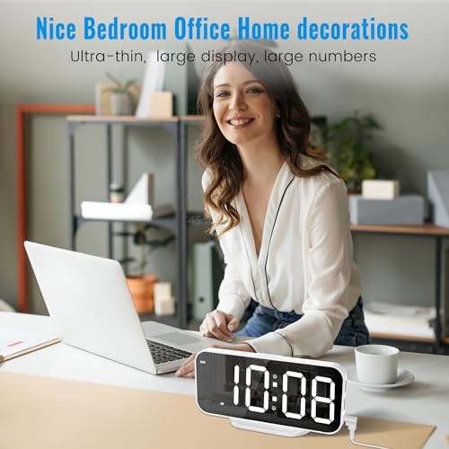 Alarm Clocks for Bedrooms, Slim LED Mirror Digital Alarm Clock, Large Display with Diming Mode, Dual Alarms & USB Ports, 4 Levels Brightness, Modern Decoration for Home Living Room Decor, White
