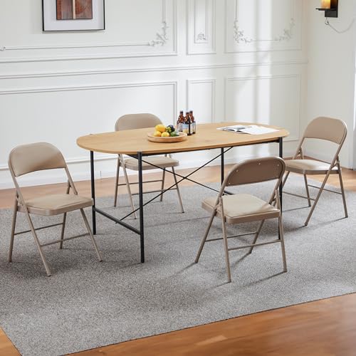 Sweetcrispy Folding Chair 2 Pack, Leather Padded Folding Chairs, Sturdy Metal Foldable Chairs, Easy to Use and Store, Outdoor and Indoor, for Home, Office, Party, Comfy, Kahki