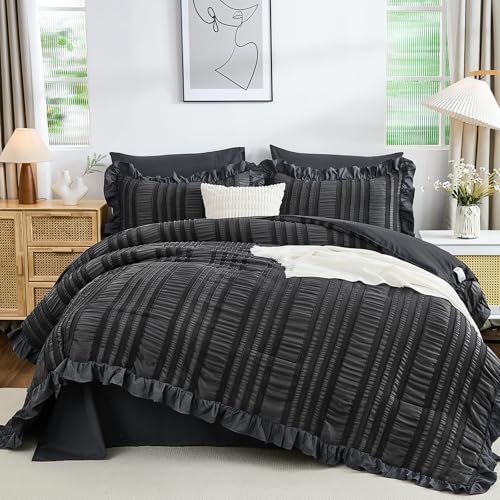 Queen Ruffle Seersucker Shabby Chic Comforter Set