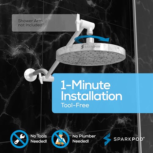 SparkPod Shower Head - High Pressure Rain - Premium Quality Luxury Design - 1-Min Install - Easy Clean Adjustable Replacement for Your Bathroom Shower Heads (8" Round, White Marble)