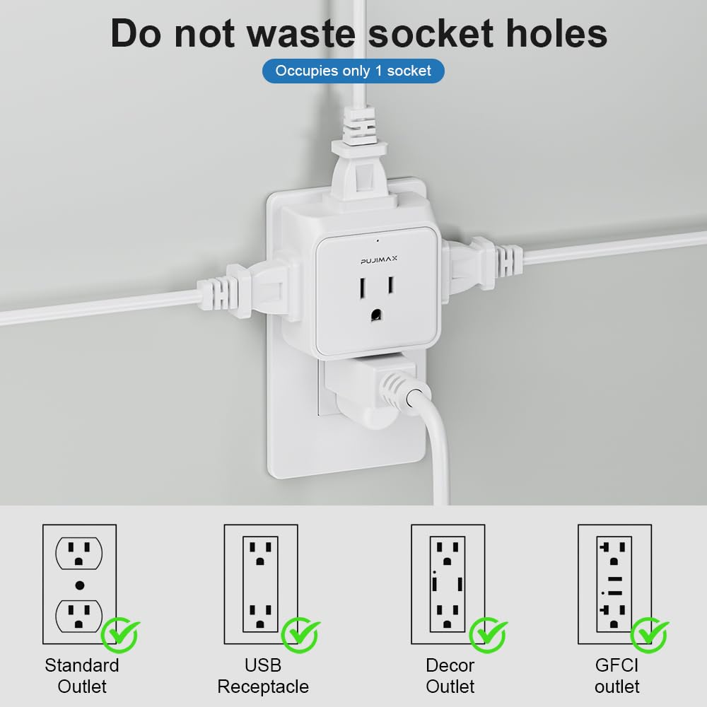 Multi Plug Outlet Extender,Portable Travel Adapter with 5 Outlet Splitter Wall Outlet for Office and Home Appliance ect