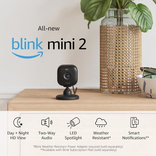 All-New Blink Mini 2 — Plug-in smart security camera, HD night view in color, built-in spotlight, two-way audio, motion detection, Works with Alexa — 3 cameras (Black)