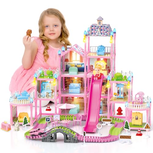 Dream Dollhouse Playset with Track Car, Dolls, Furniture
