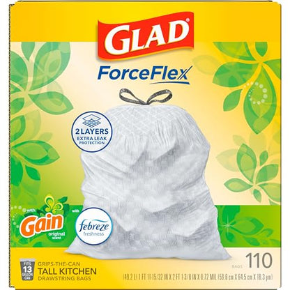 Glad ForceFlex Tall Kitchen Trash Bags, 13 Gal, Gain Original with Febreze, 110 Ct (Pack May Vary)