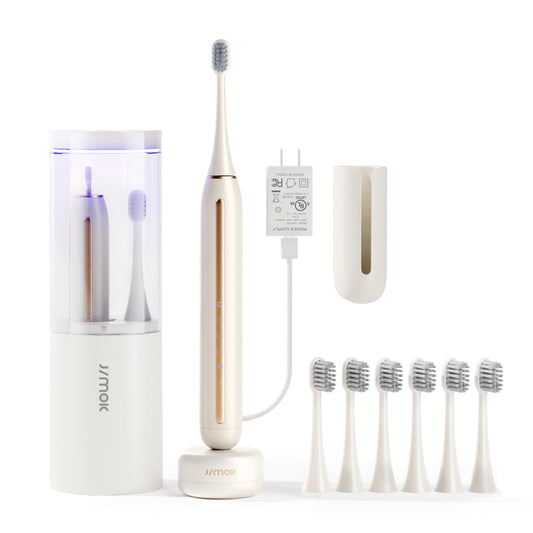JIMOK Sonic Rechargeable Electric Toothbrushes for Adults with 6 Brush Heads & UV Travel Case,Teeth Whitening, Power Toothbrush with Holder, 4 Hours Charge for 90 Days(White)