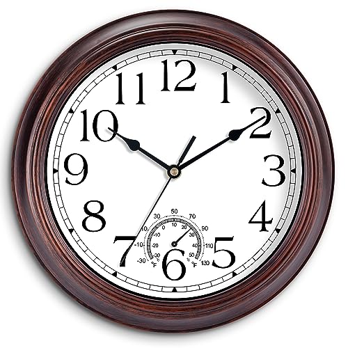8.5-Inch Outdoor Silent Wall Clock with Thermometer