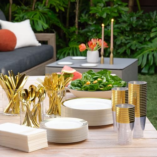 By Madee HEAVYWEIGHT Elegant Disposable Dinnerware Set | Gold Fancy Plastic Dinnerware Sets | Plates Cutlery Napkins Cups | Gold Party Plates | White and Gold Plastic Plates | 400 Pcs (50 Guests)