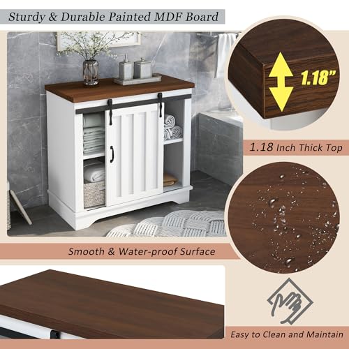 Merax, Brown Bathroom Cabinet with Sliding Barn Door, Farmhouse Accent Storage Cupboard with Adjustable Shelf, 1.18inch Thick MDF Board, White