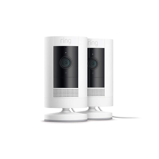 Ring Stick Up Cam Plug-In | Weather-Resistant Outdoor Camera, Live View, Color Night Vision, Two-way Talk, Motion alerts, Works with Alexa | 2-Pack | White