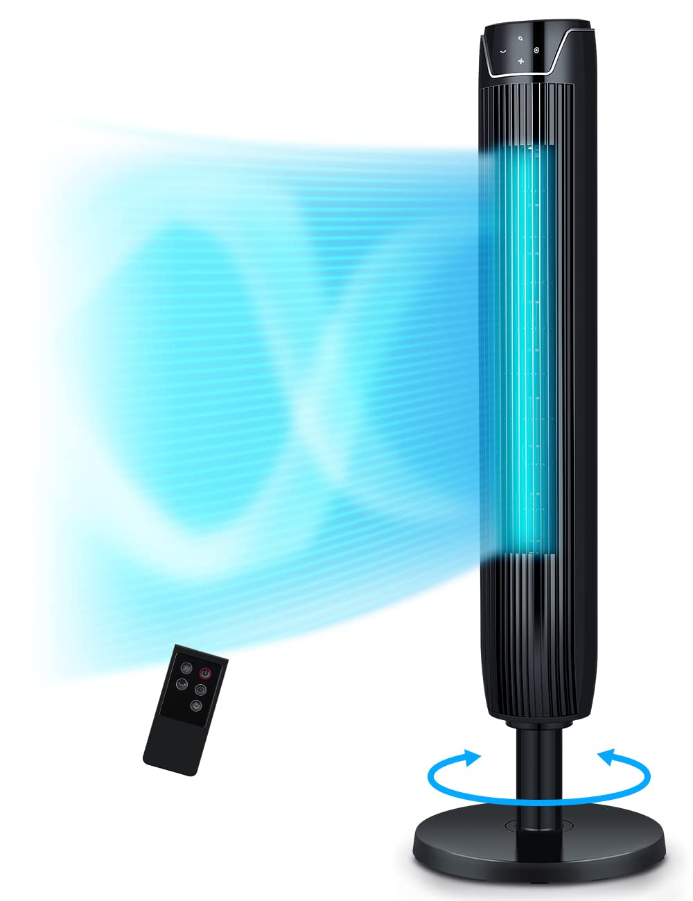 KopBeau Tower Fan for Bedroom, 42 Inch Oscillating Cooling Fans with Remote, Quiet Bladeless Floor Powerful Fan, 3 Modes, Buit-in 7Hrs Timer and LED Display, Standing Fans for Home Office, Black