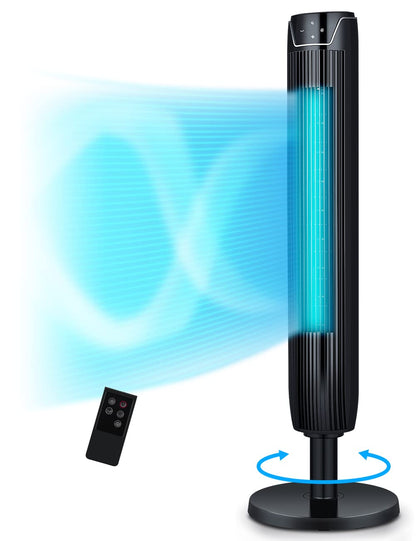 KopBeau Tower Fan for Bedroom, 42 Inch Oscillating Cooling Fans with Remote, Quiet Bladeless Floor Powerful Fan, 3 Modes, Buit-in 7Hrs Timer and LED Display, Standing Fans for Home Office, Black