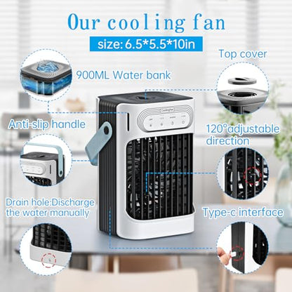 Portable Air Conditioners,charmega Personal Air Conditioners,Portable AC 3in1 Air Cooler with 900ML Water Tank 3 Cool Mist,3 Wind Speed,7 LED Lights,2-8H Timer Air Conditioner Portable for Room,Office