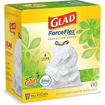 GLAD ForceFlex Tall Kitchen Drawstring Trash Bags, 13 Gallon White Trash Bag for Kitchen Trash Can, Gain Original Scent, Odor Shield, Odor Eliminator, Leak Protection, 110 Count