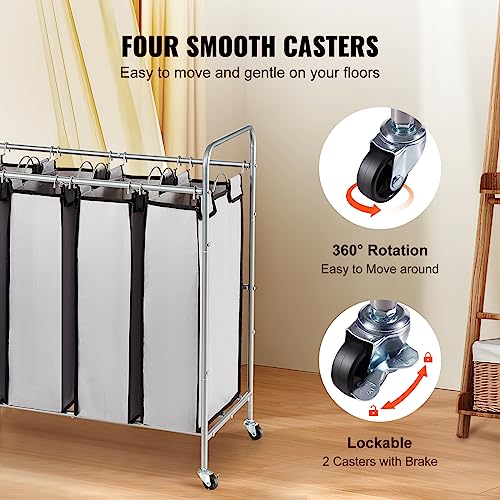 VEVOR Laundry Sorter Cart 4 Section, Laundry Hamper Heavy Duty with Lockable Wheels and 4 Removable Bags, Rolling Laundry Basket Sorter for Clothes Storage