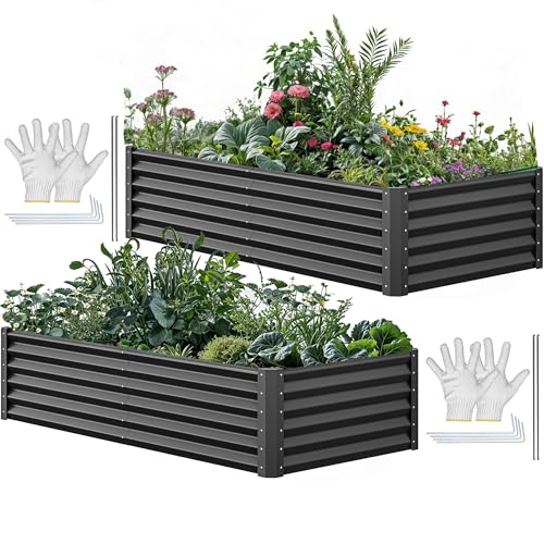 YITAHOME 72x36x18 in 2pcs Galvanized Raised Garden Bed Kit, Large Metal Planter Box with Gloves & Support Rod, Outdoor Flower Bed for Plants Vegetables, Black