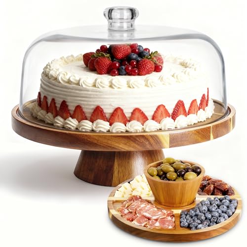 Acacia Wood Cake Stand with Dome Lid