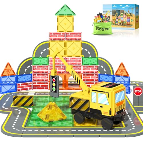 Magnetic Tiles Construction Set with Crane and Trucks