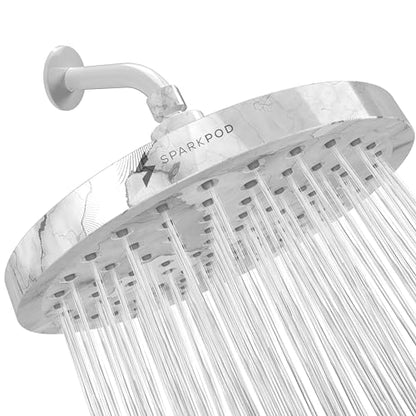 SparkPod Shower Head - High Pressure Rain - Premium Quality Luxury Design - 1-Min Install - Easy Clean Adjustable Replacement for Your Bathroom Shower Heads (8" Round, White Marble)