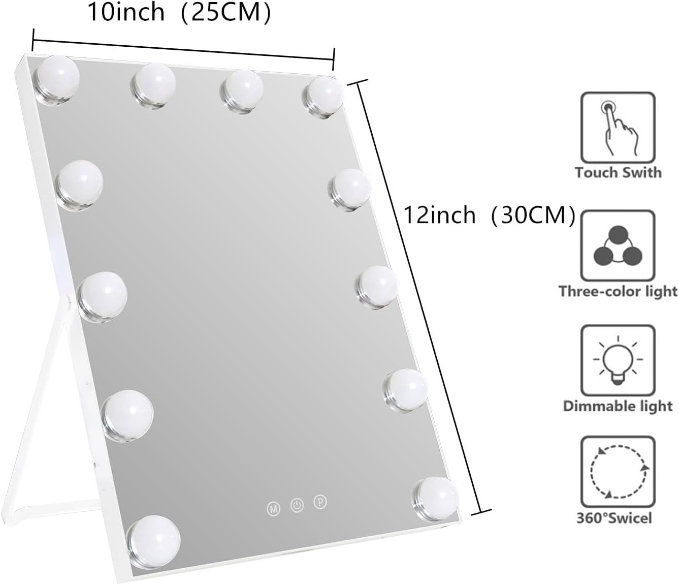 RAHYUN Makeup Mirror with Lights, Vanity Mirror with Lights Hollywood Style, 3 Color Modes, 12 Dimmable LED Bulbs, Touch Control, 360° Rotation, Lightweight & Elegant, 10"x 12"