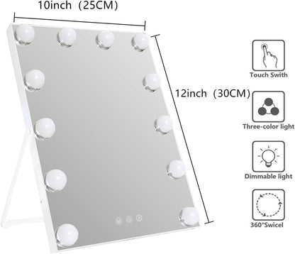RAHYUN Makeup Mirror with Lights, Vanity Mirror with Lights Hollywood Style, 3 Color Modes, 12 Dimmable LED Bulbs, Touch Control, 360° Rotation, Lightweight & Elegant, 10"x 12"