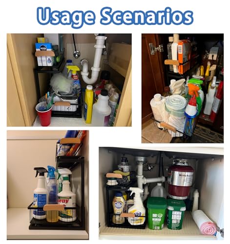 QINFZY 2 Tier Under Sink Organizer Bathroom, L Shaped Adjustable Under Sink Organizers and Storage, Metal Pull Out Under Cabinet Organizer for Bathroom Kitchen