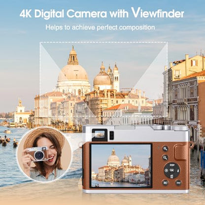 4K Digital Camera for Photography Autofocus, 48MP Vlogging Camera for YouTube with Viewfinder Dial Flash,16X Digital Zoom Portable Compact Travel Camera Anti-Shake for Teens,Adults,Beginners