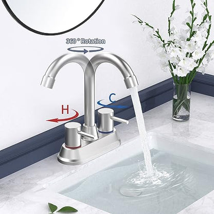 Bathroom Faucets for Sink 3 Hole, Brushed Nickel Bathroom Sink Faucet 4 Inch 2 Handle Centerset,360 Swivel Spout Faucet for Bathroom Sink 2-3 Hole RV Bathroom Vanity Sink,with Pop Up Drain