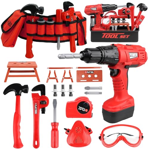 STEAM Life Kids Tool Set with Kids Tool Belt & Electronic Toy Drill, Toddler Tool Set for Boys, Kids Tape Measure, Toy Tools for Kids, Kids Tool Box, Toy Hammer, Play Tool Set for Toddlers 3-5