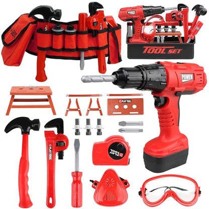 STEAM Life Kids Tool Set with Kids Tool Belt & Electronic Toy Drill, Toddler Tool Set for Boys, Kids Tape Measure, Toy Tools for Kids, Kids Tool Box, Toy Hammer, Play Tool Set for Toddlers 3-5